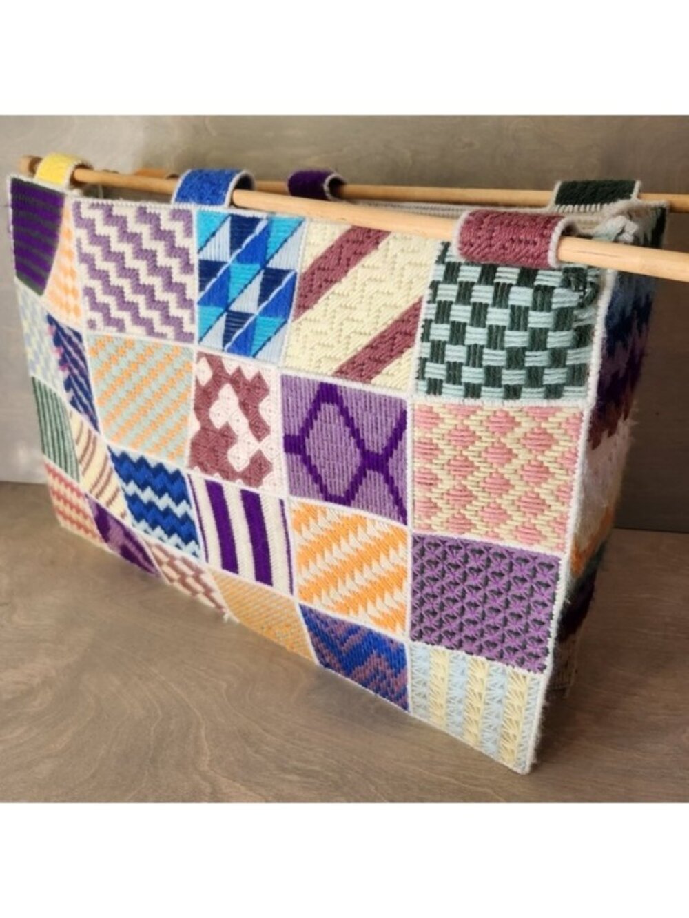 XL Vintage Needlepoint Patchwork Magazine Rack Holder Stand Yarn Craft Decor